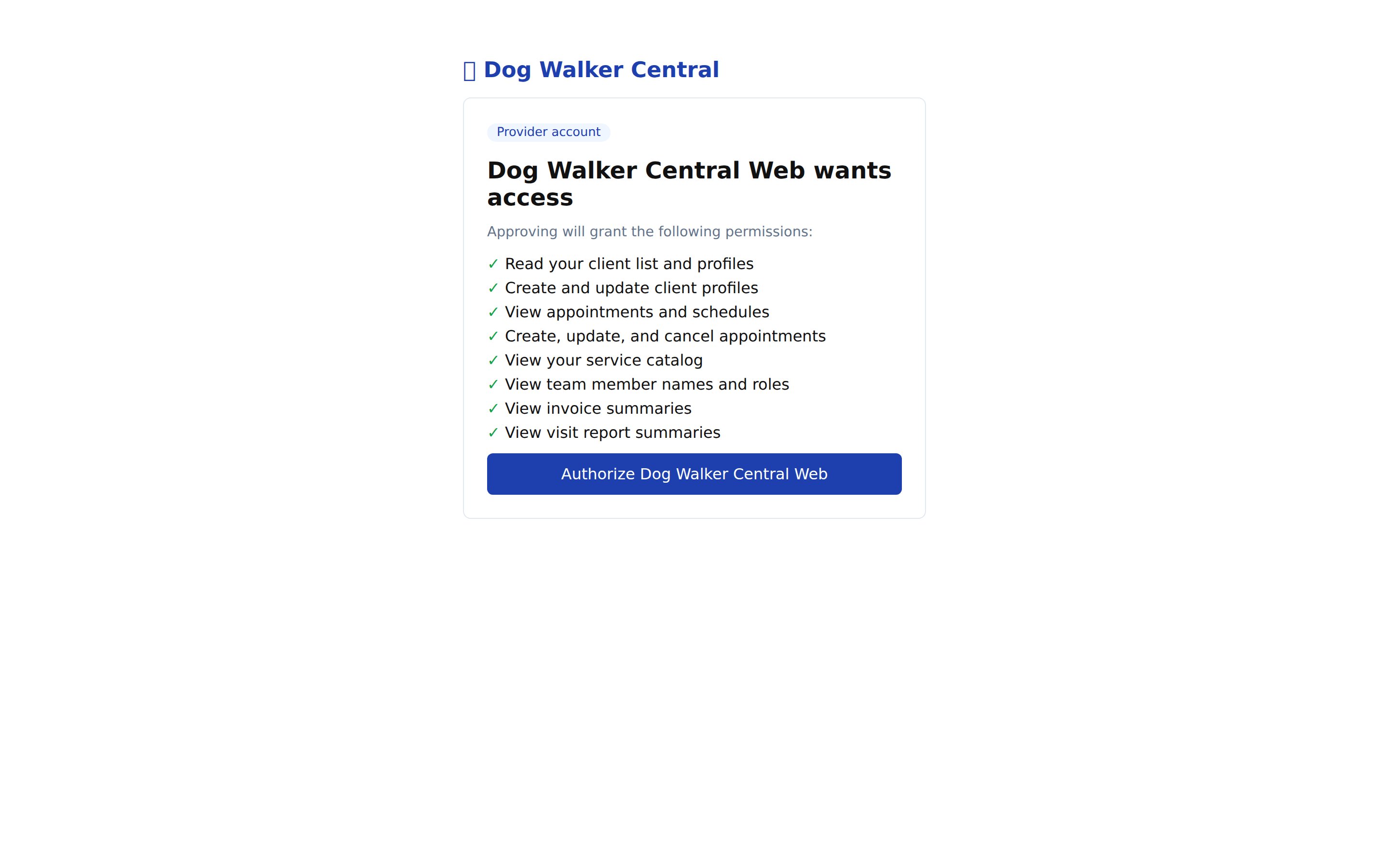 Authorization screen lists requested access to clients, pets, schedules, appointments, services, invoices, team roles, members and reports before the user authorizes a connected assistant.
