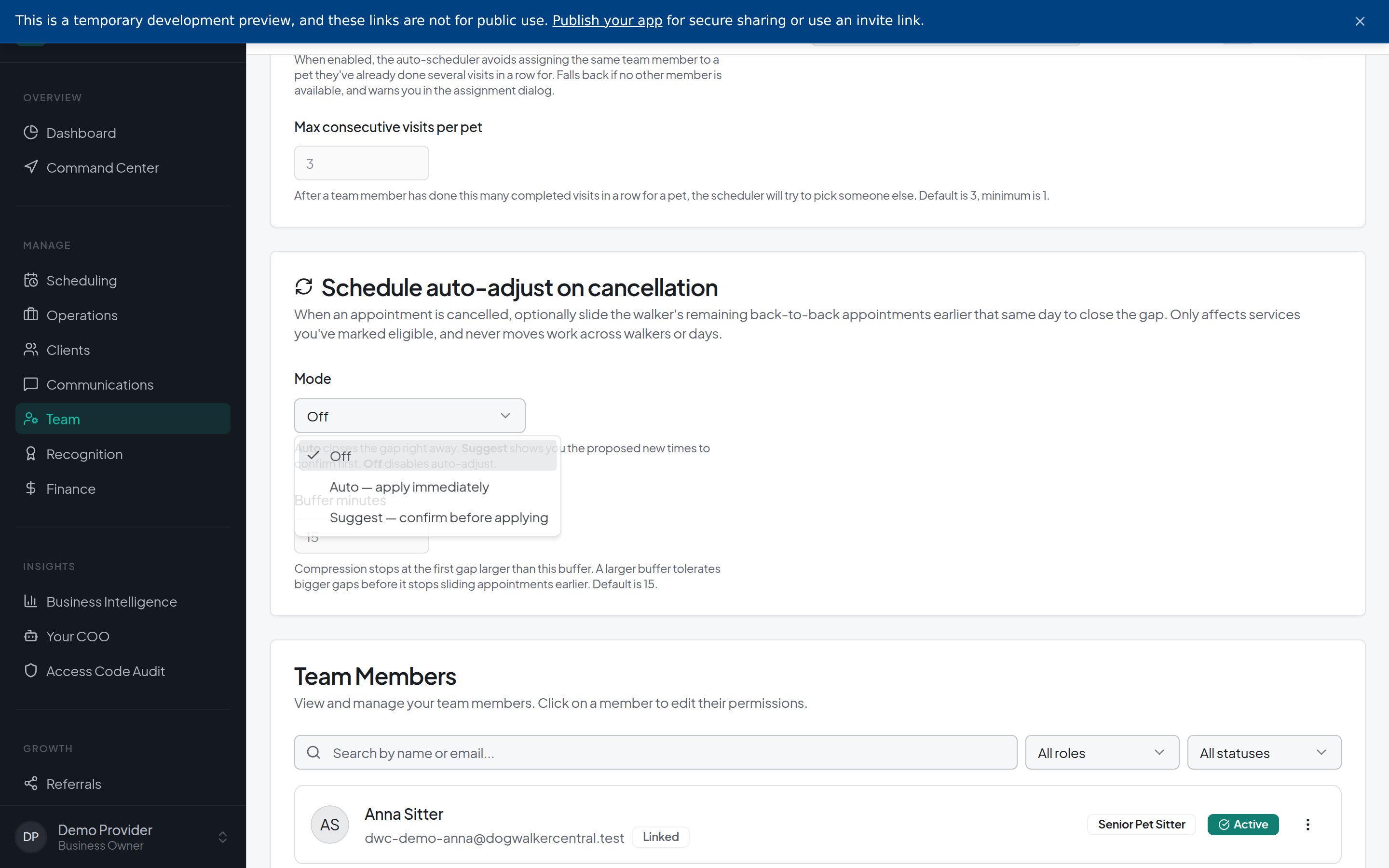 Schedule auto-adjust on cancellation settings show Off, suggest adjustments and automatically apply changes modes, with service selection below.
