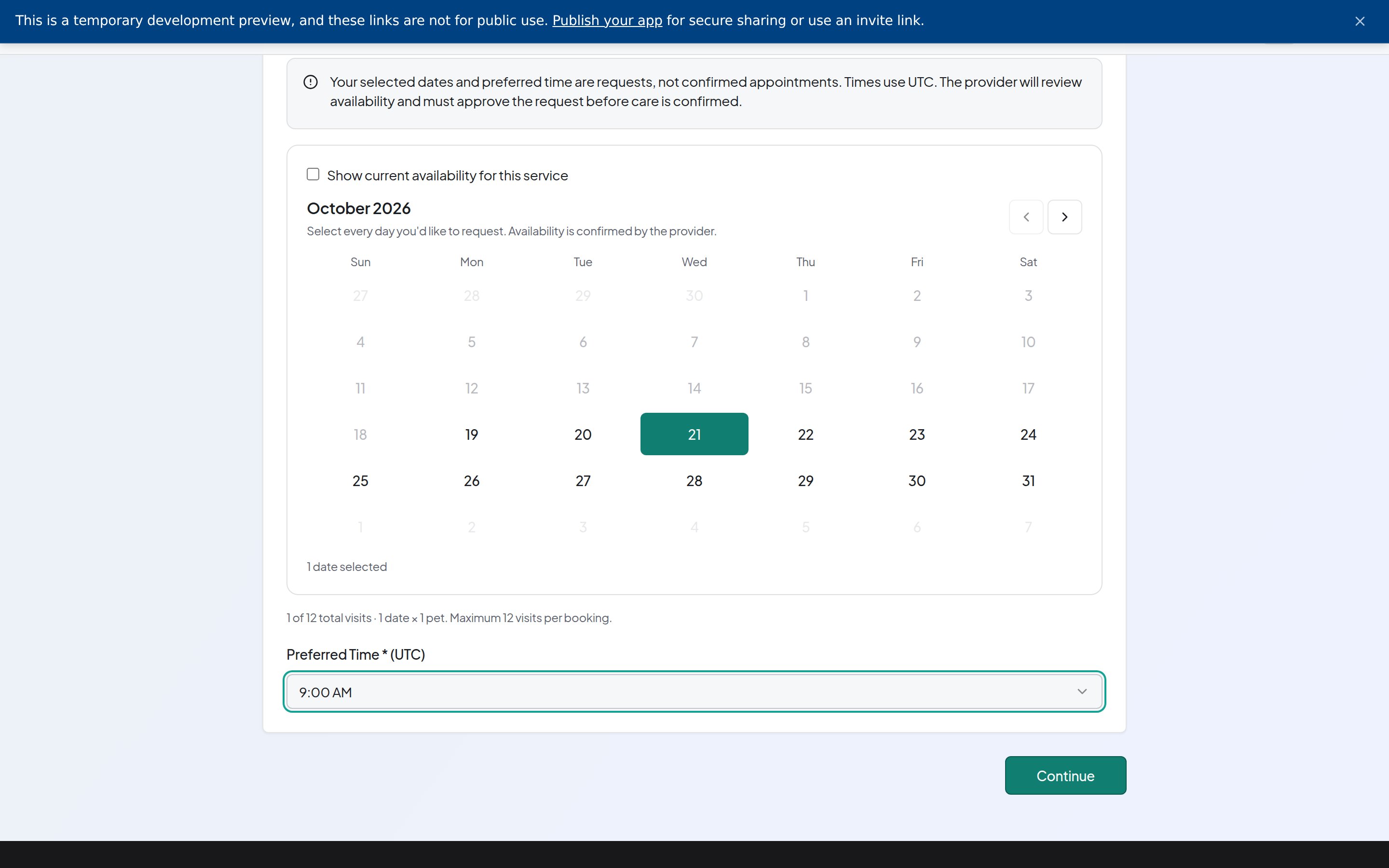 Client booking calendar with a selected date, a Preferred Time field set to 9 AM and a Continue button.