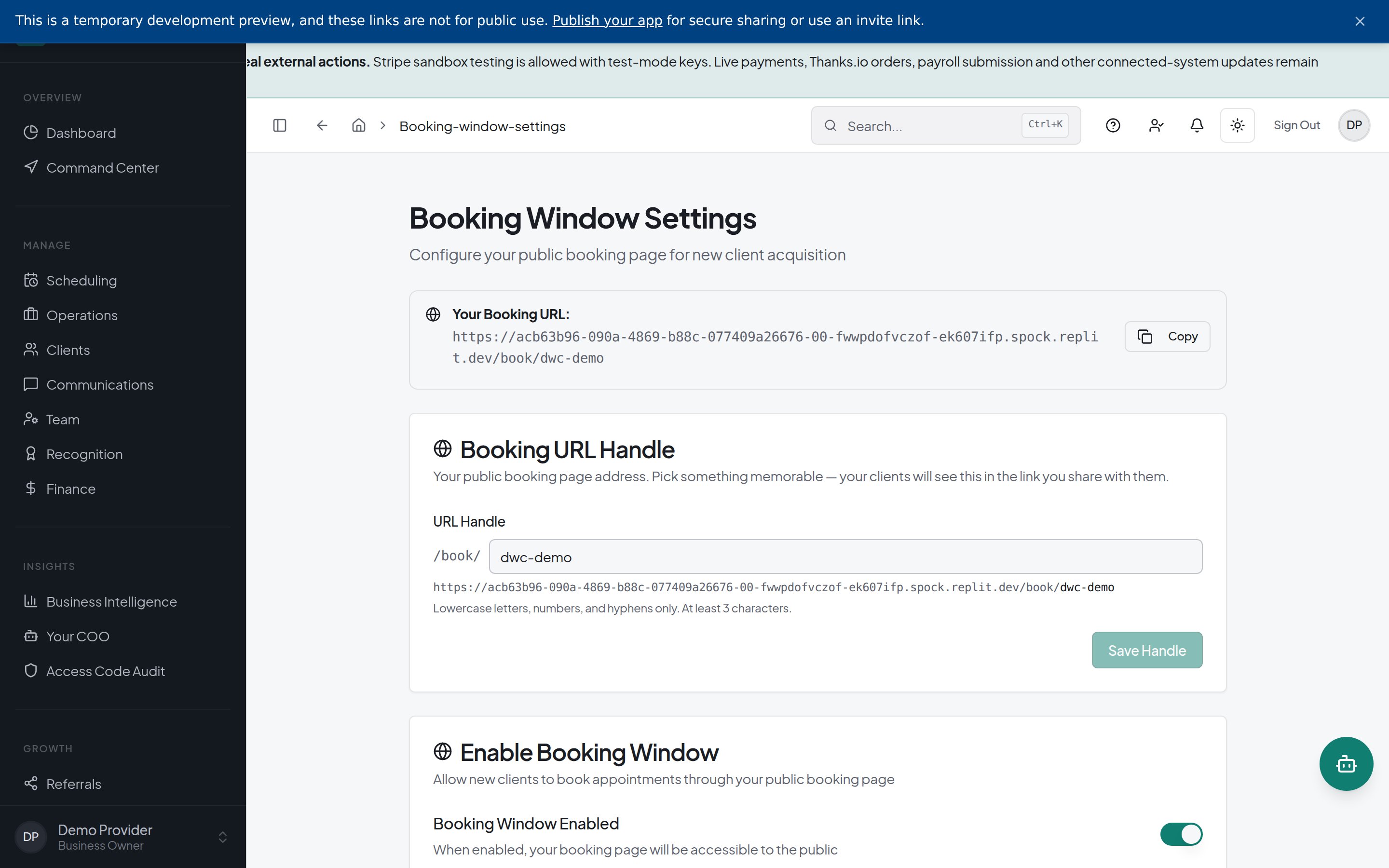 Booking Window Settings with a booking-link handle field, Save handle button and an Enable Booking Window switch.
