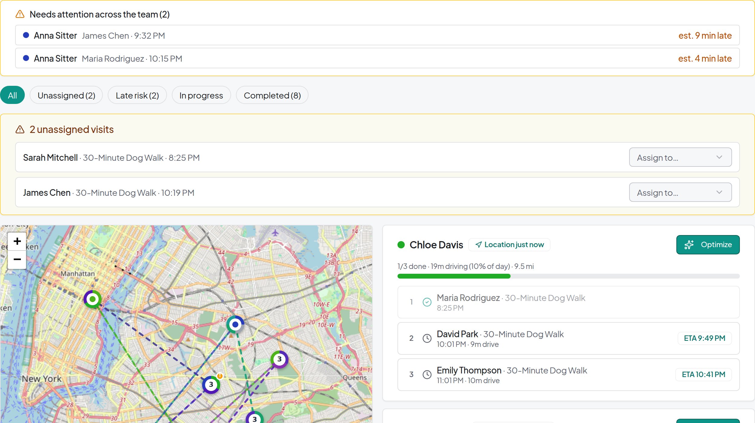 Team detail view with late-visit alerts, unassigned visits and assignment menus above a route map and a selected walker's visit list with arrival estimates.