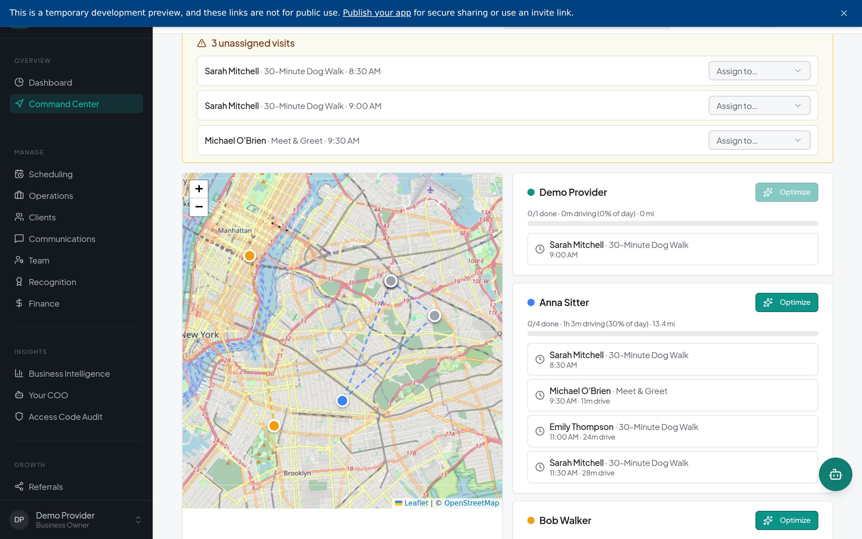 Command Center with unassigned visits above a route map and walker visit lists, bringing assignment and daily progress into one view.
