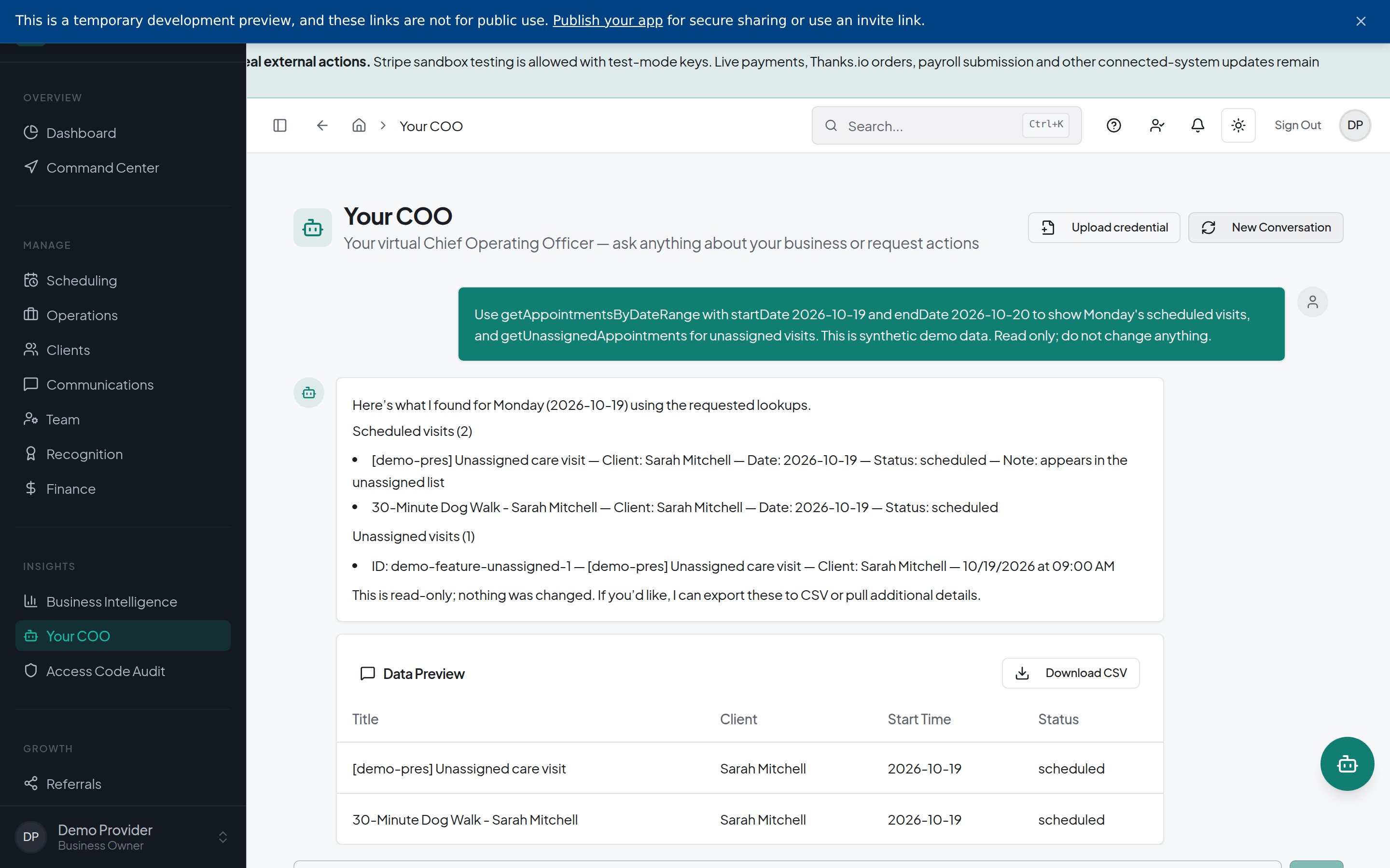 Your COO chat answers a scheduling question with matching appointments, an unassigned-visit notice and a data-preview table with a Download CSV option.