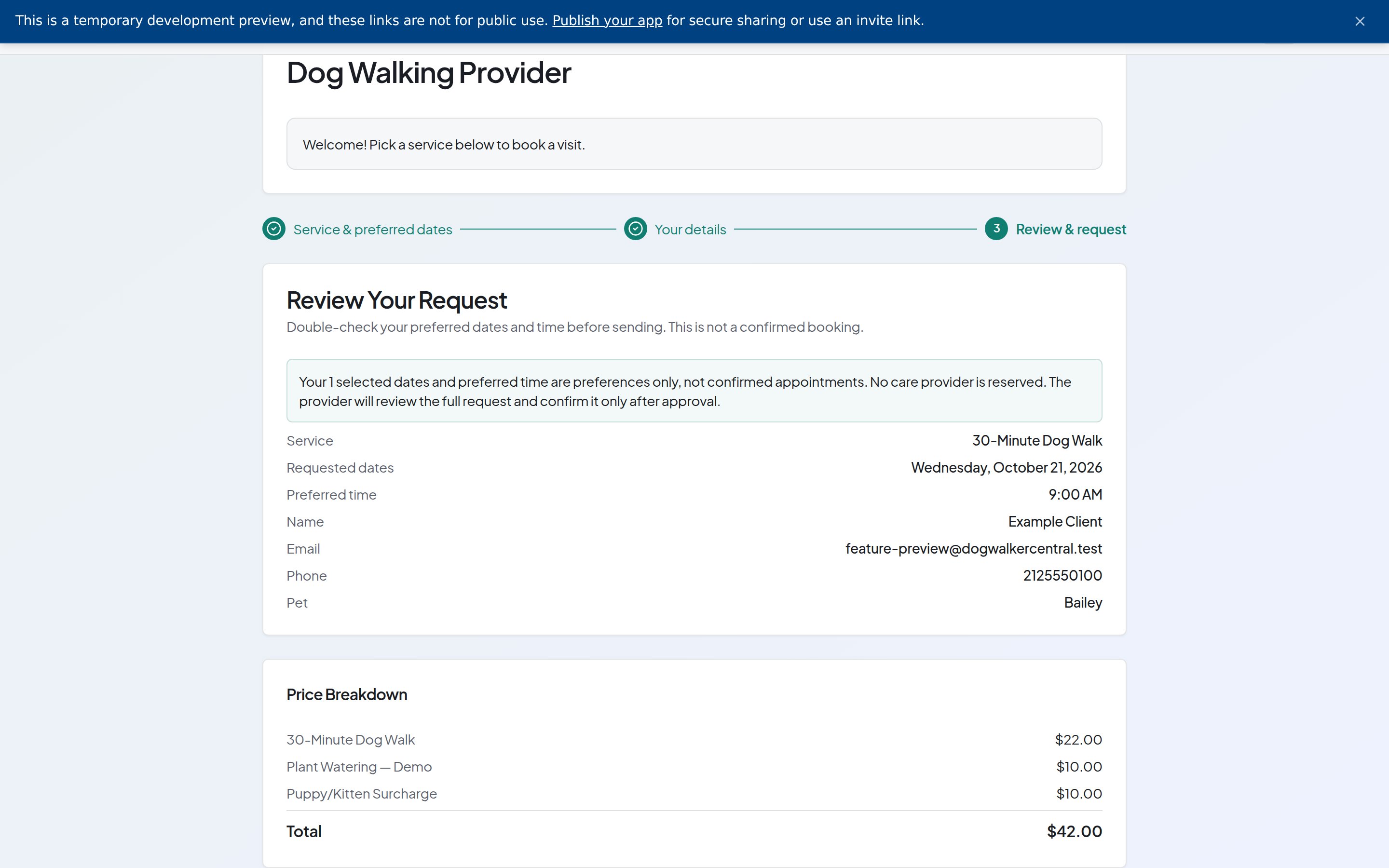 Booking review shows service, date, time and pet details above an itemized price breakdown of the base visit, puppy fee and holiday fee, followed by the total.
