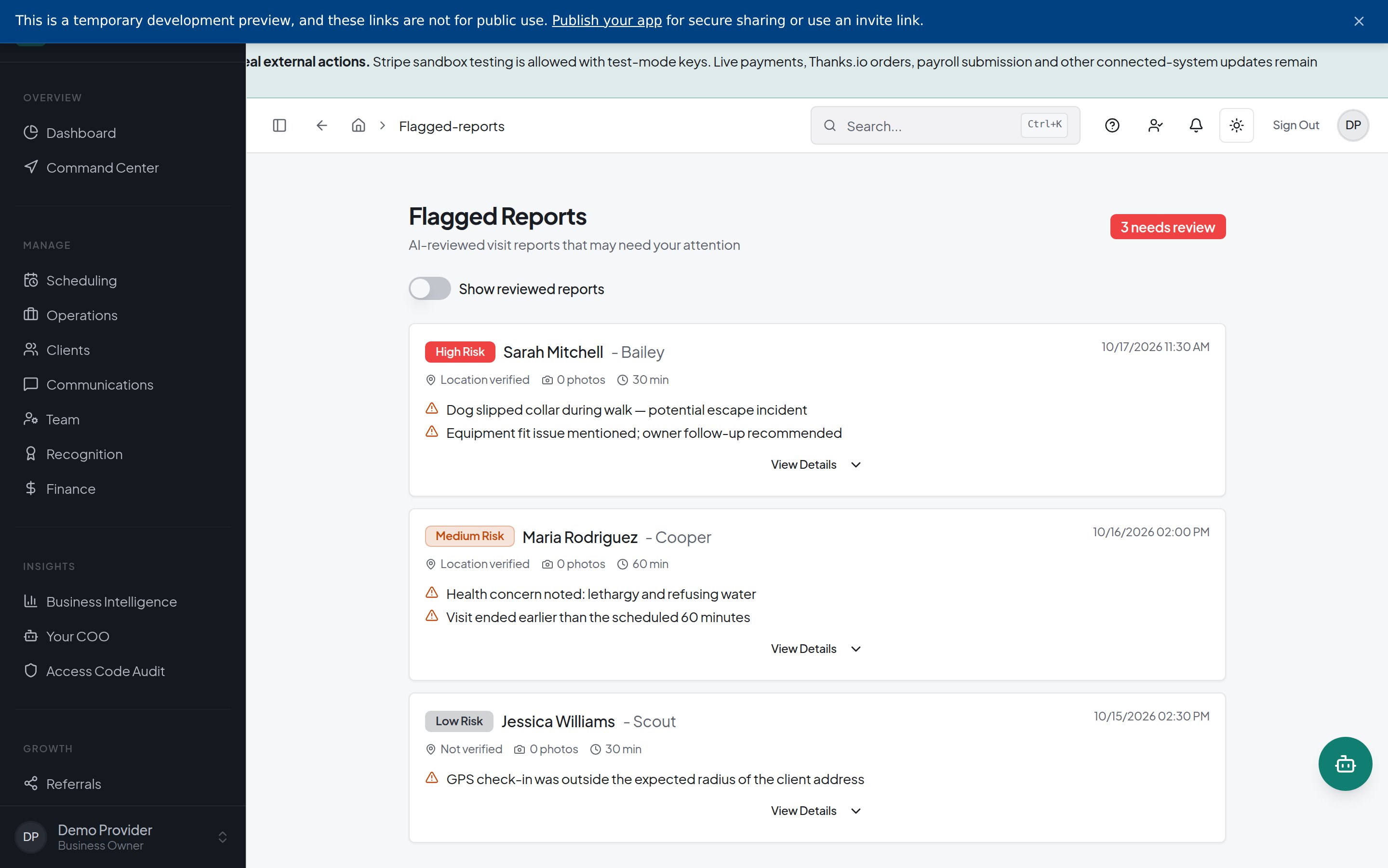 Flagged Reports lists visits needing review with high-priority, medium-risk and low-risk labels, care concerns and View Details controls.
