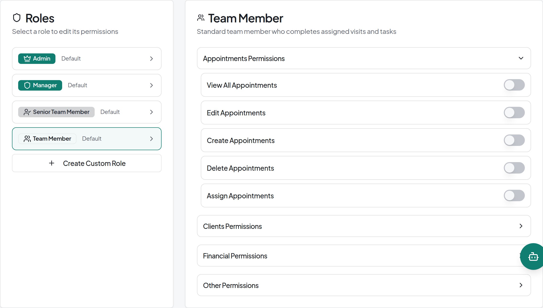 Roles editor has Team Member selected, with separate switches for viewing, editing, creating, deleting and assigning appointments, plus client, financial and other permission sections.