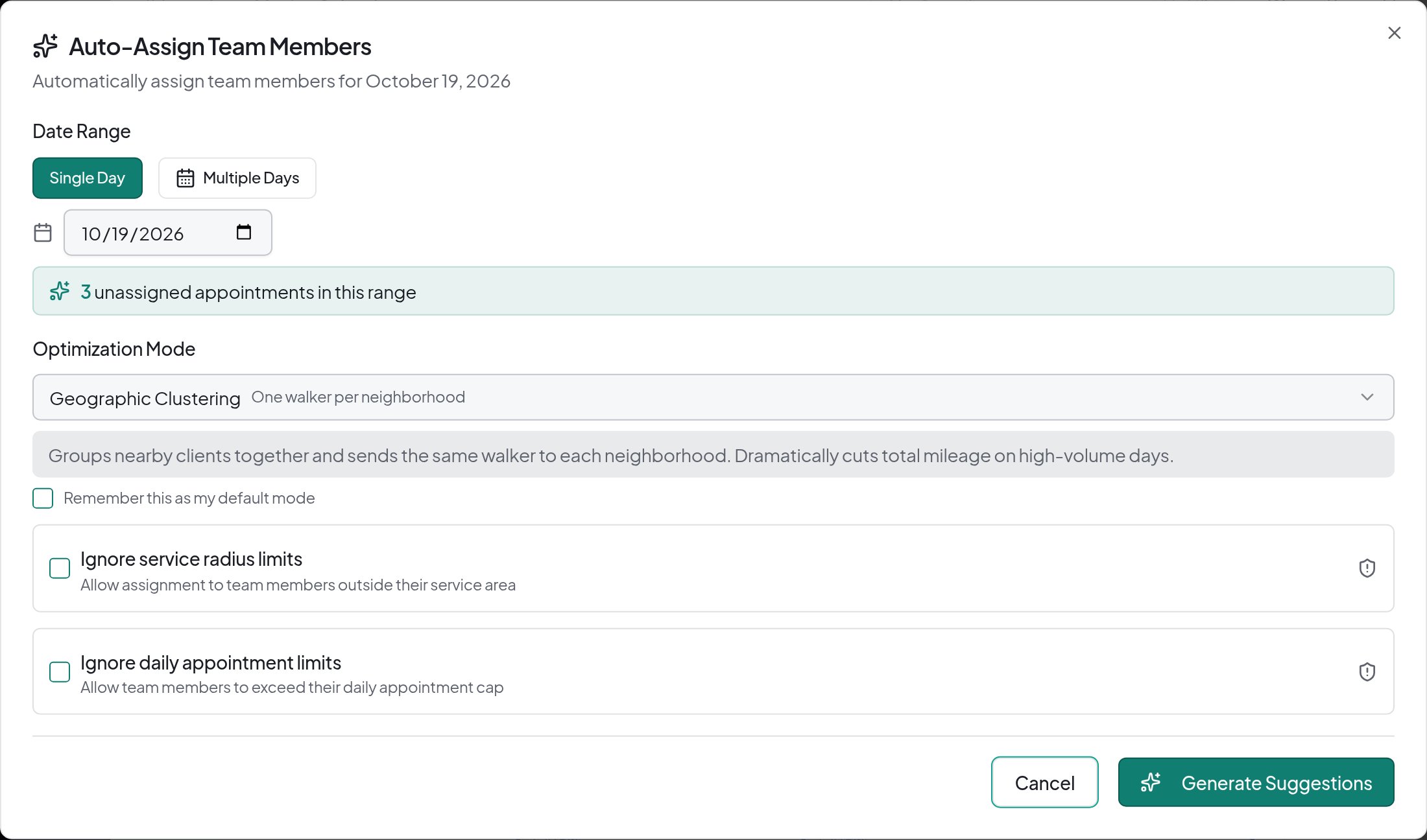 Dog Walker Central Auto-Assign controls with planning priority options