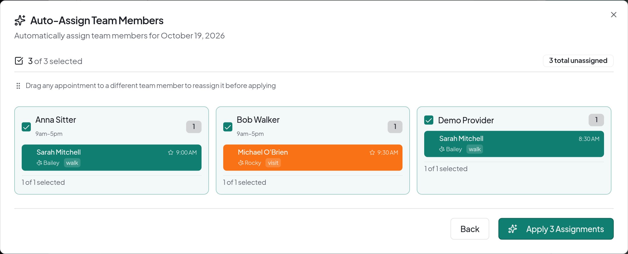 Dog Walker Central Auto-Assign suggestions to review before applying