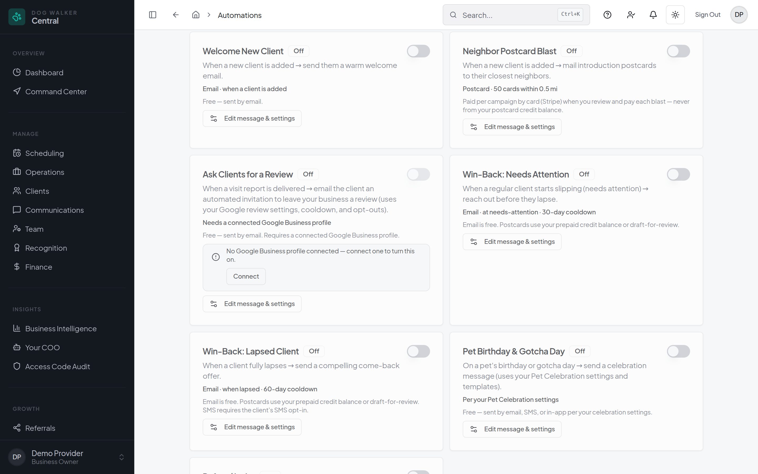 Dog Walker Central Automation Library in a demo account