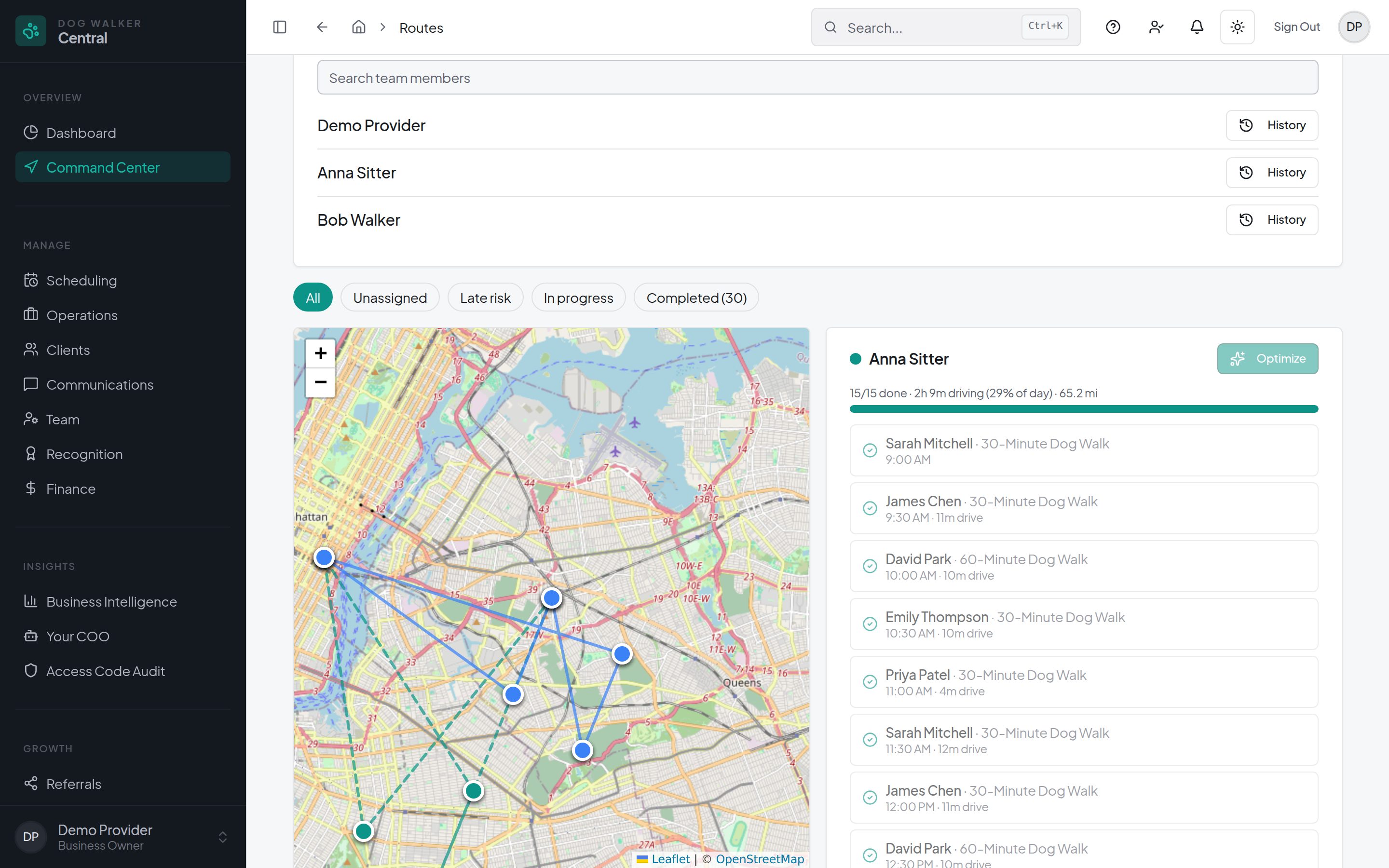 Dog Walker Central Command Center showing team routes and visits with demo data