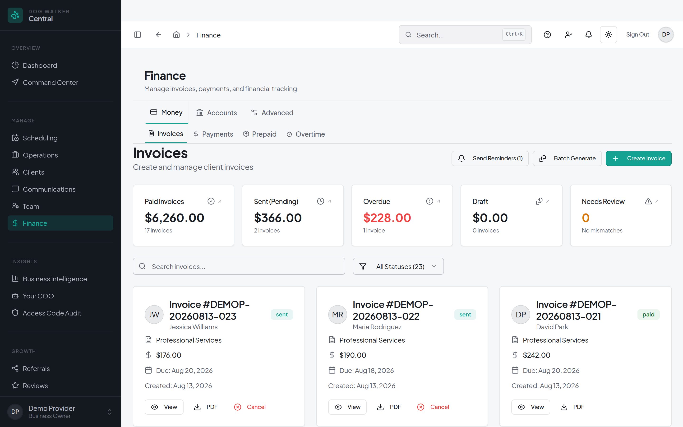 Dog Walker Central invoicing and payment dashboard