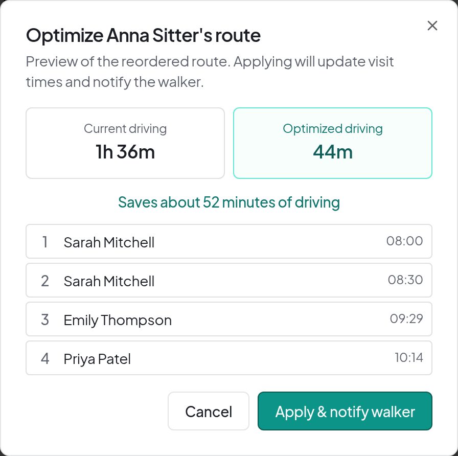 Dog Walker Central route optimization preview with proposed changes