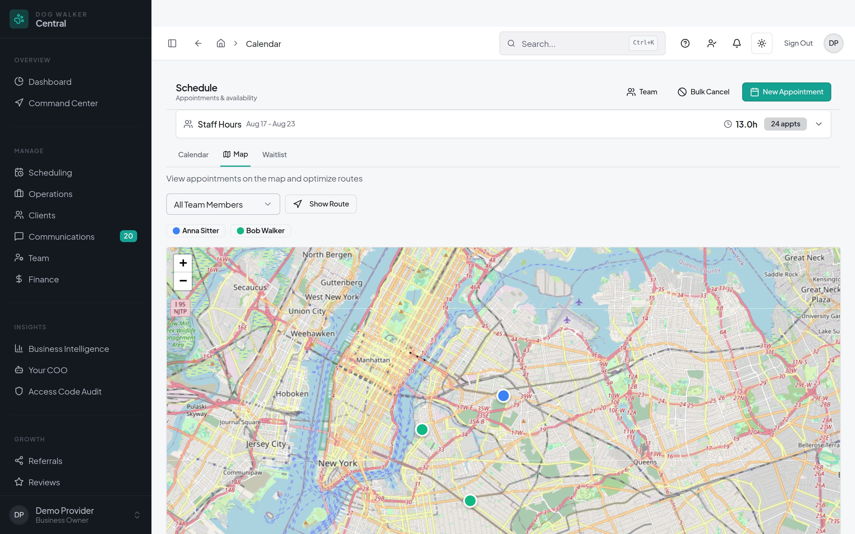 Dog Walker Central scheduling map with demo visit locations