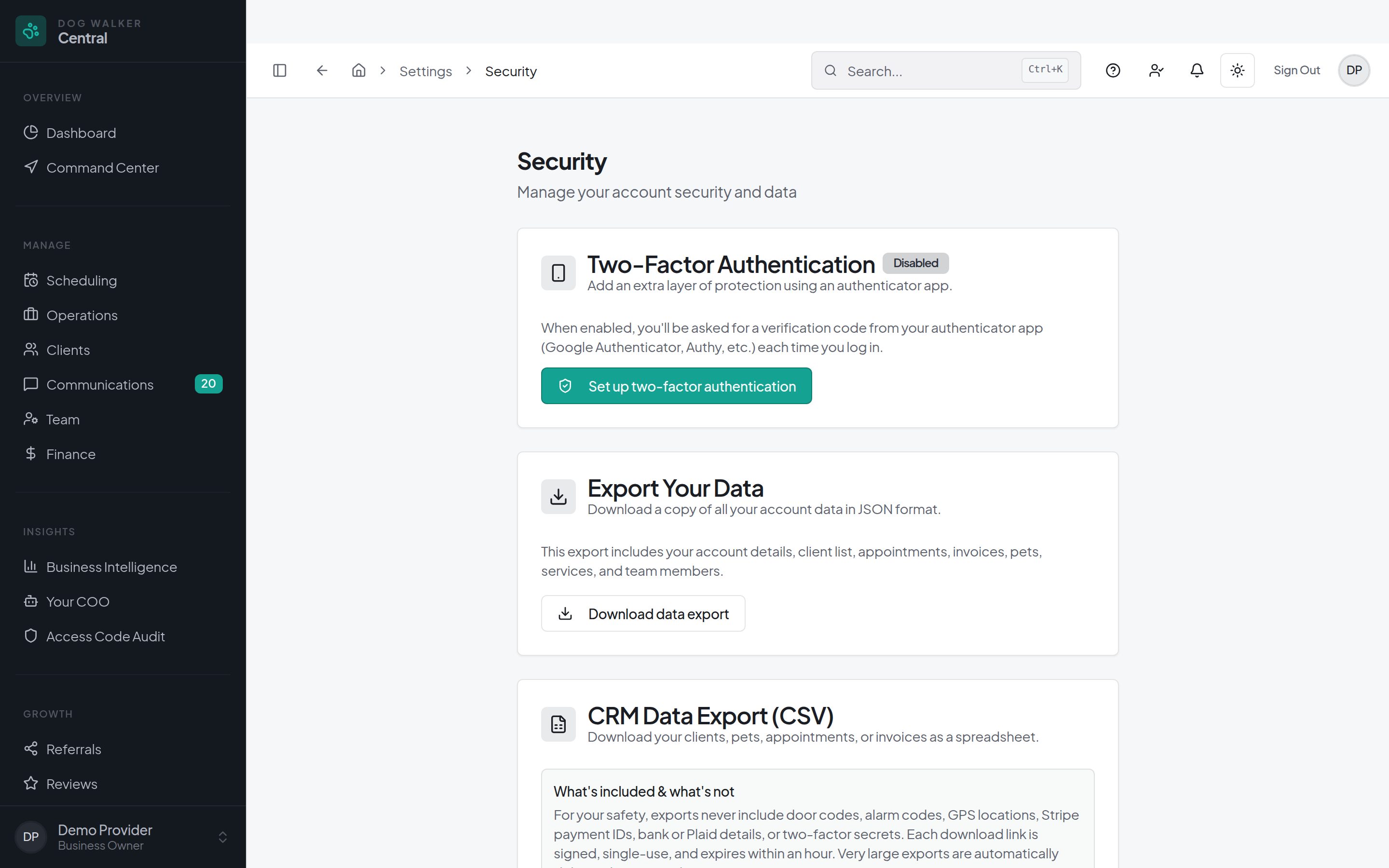 Dog Walker Central security settings with two-factor authentication and data export controls