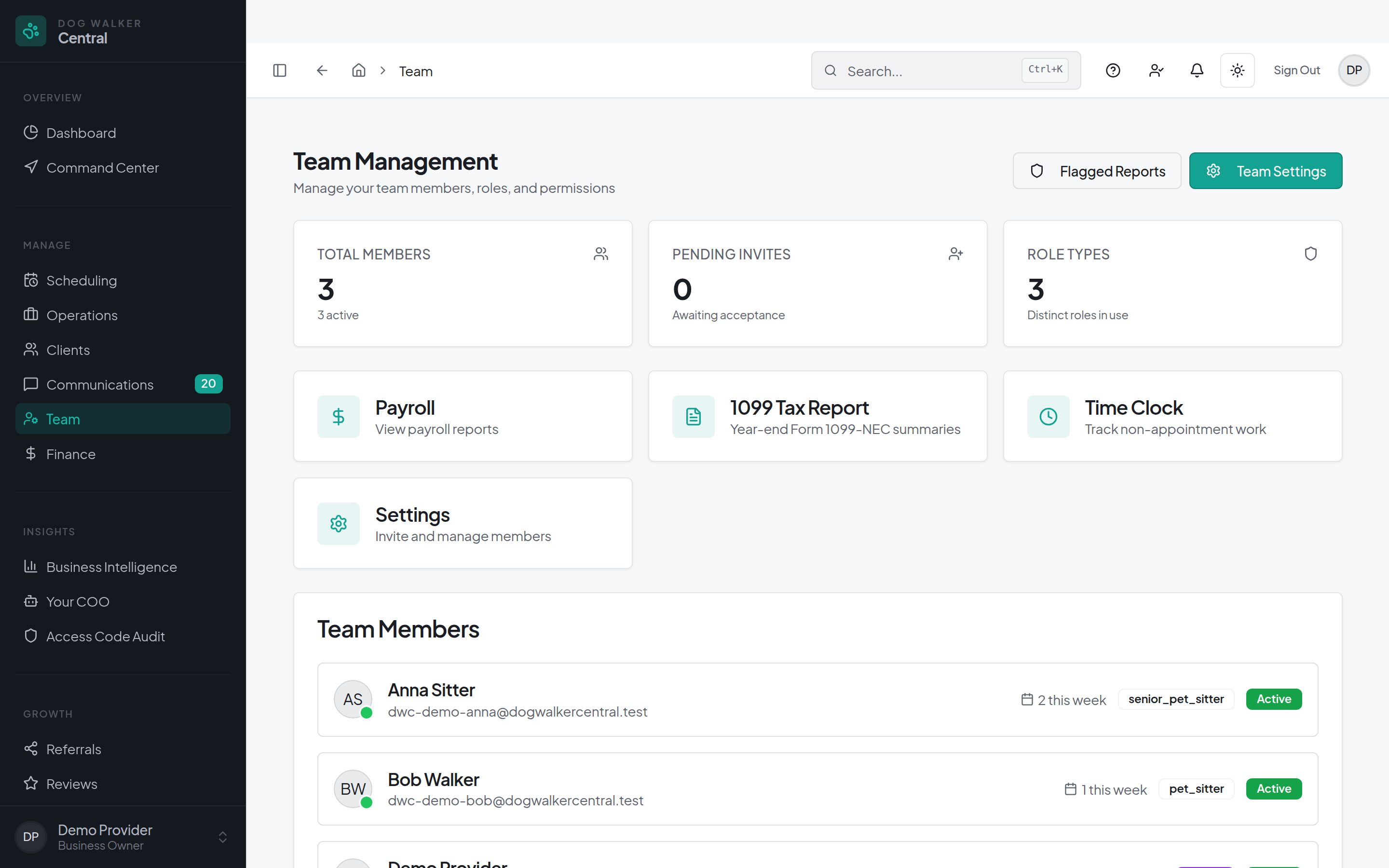 Dog Walker Central team management dashboard with member profiles, payroll, and time clock
